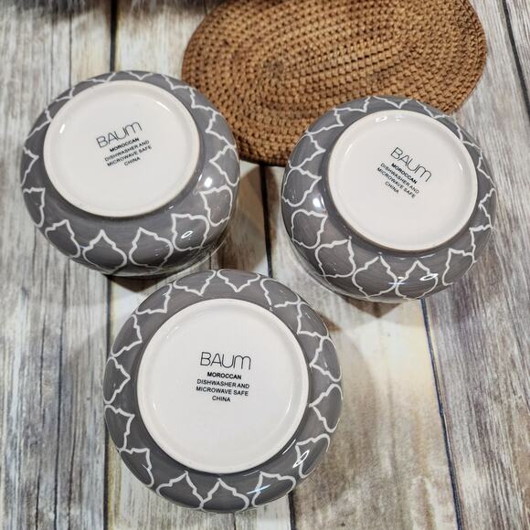 Baum Brothers Moroccan gray & white soup cereal bowls 5" dinnerware set of 3 - Picture 4 of 9